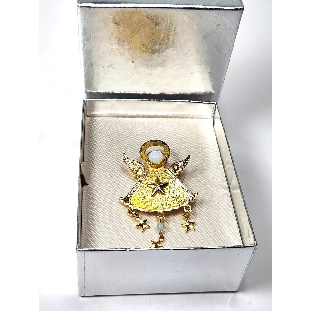 Vintage KC Guardian Angel Brooch Pin Kenneth Cole Gold Tone Glass Moonstone